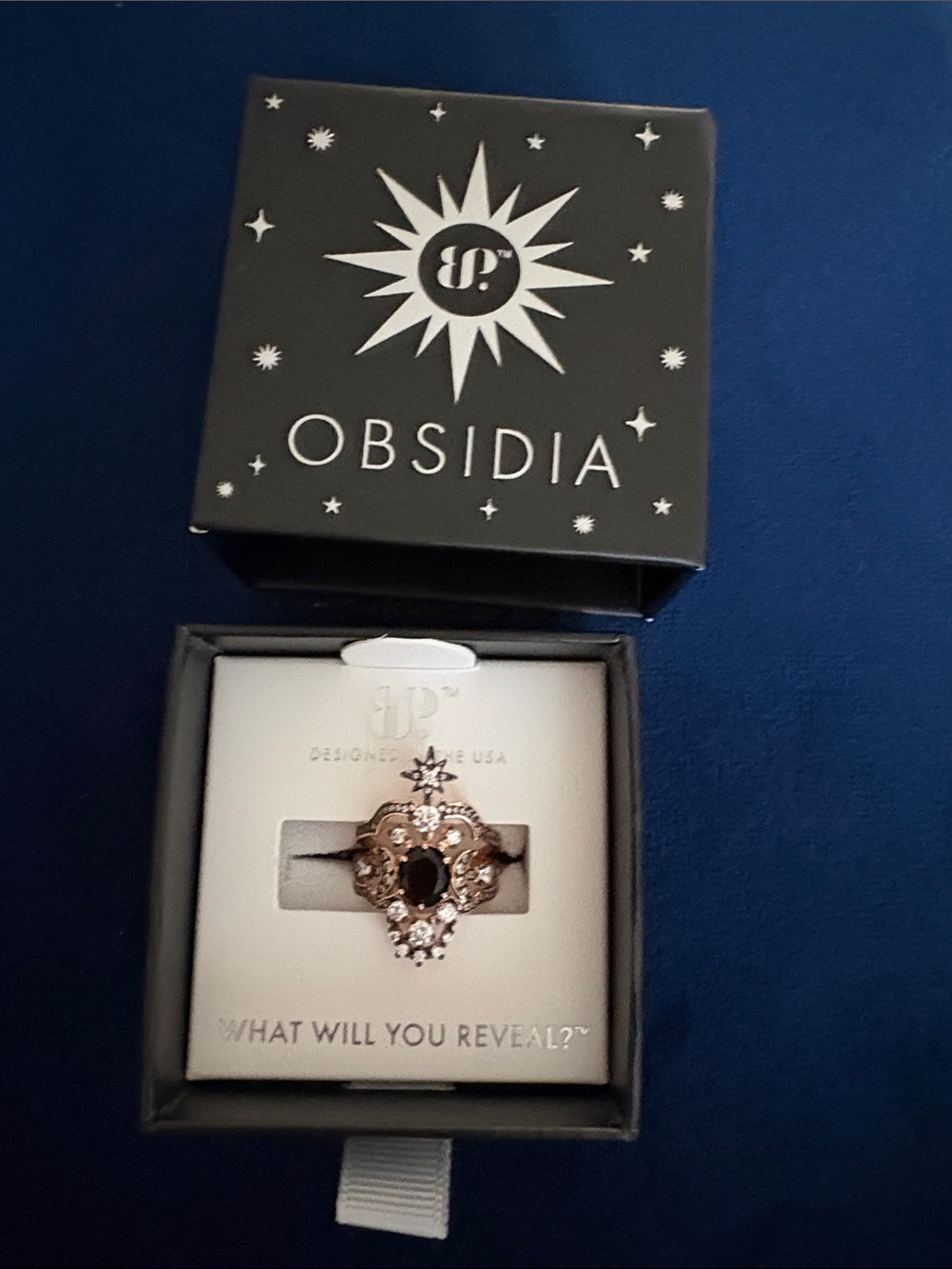 Obsidia Black Stone Halo Cocktail Ring - Rose Gold Accent